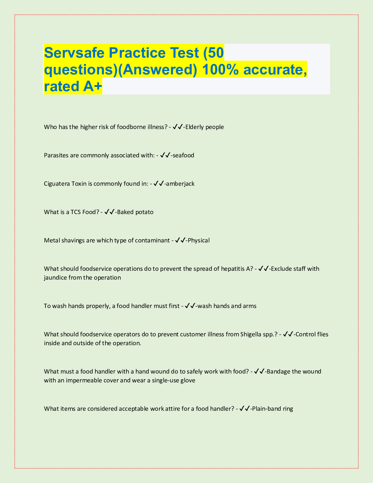 Preview image for Servsafe Practice Test (50 questions) And Answers Latest Update With Complete Solution.